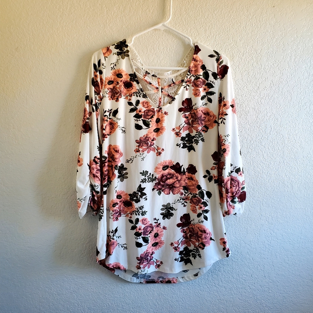 No Boundaries White Floral Blouse with Pink & Burgundy Roses